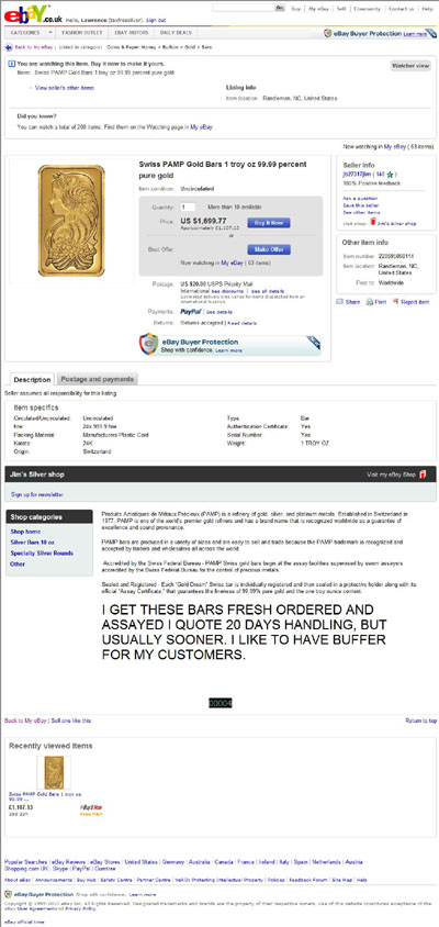 jb27317jim eBay Listing Using our PAMP Suisse 5 Gram Fortuna Gold Bar Obverse Photograph
